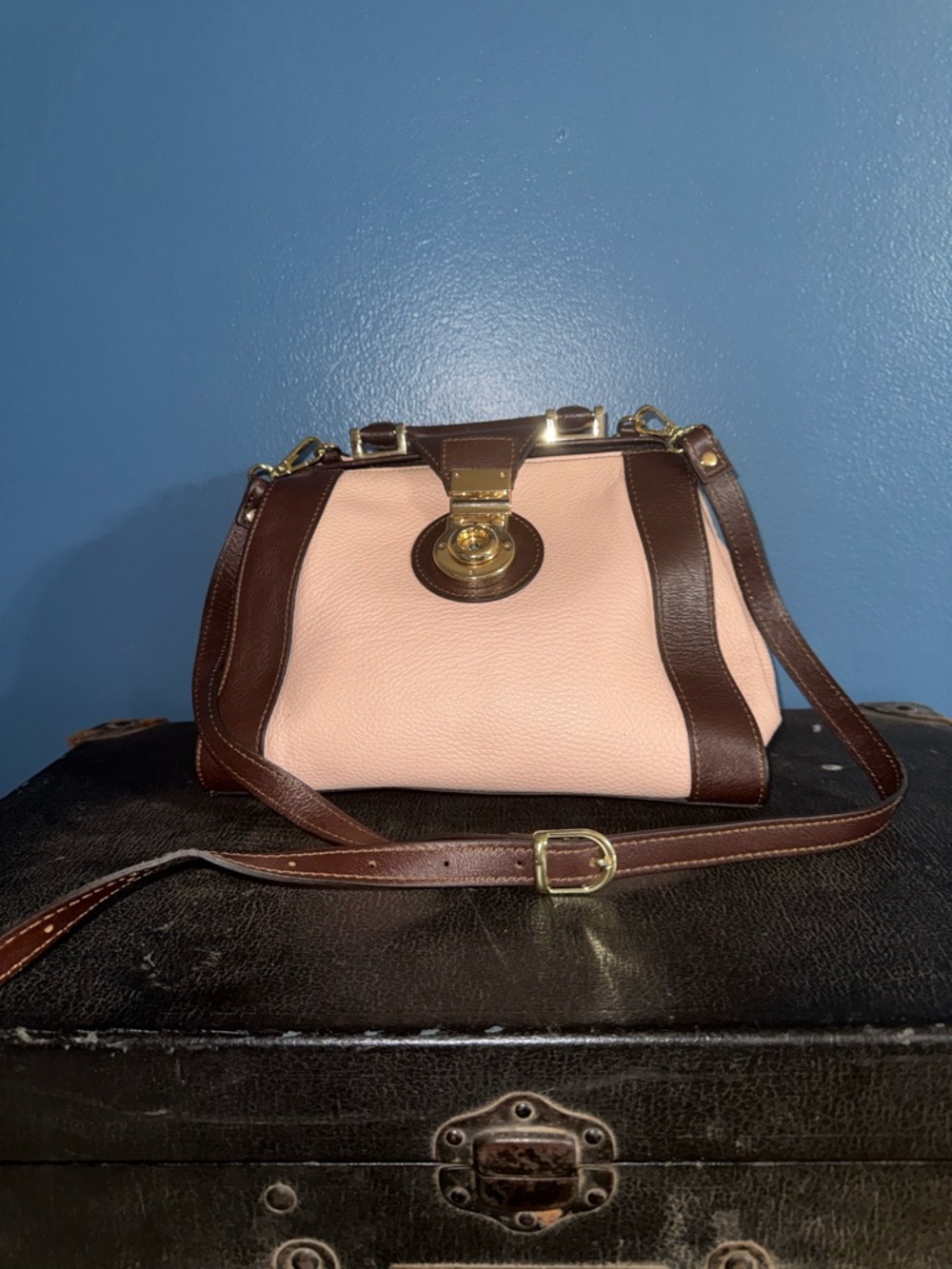 Pink and Brown Leather Crossbody with Gold Turn-Lock